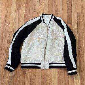 Gap Bomber Jacket Womens XL Cream Black Floral Print Embroidery Coquette Ballet